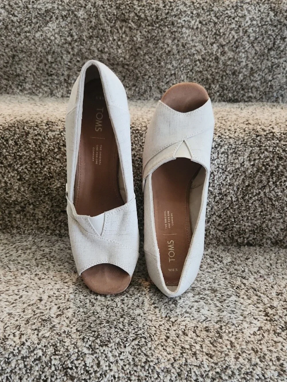 TOMS Canvas Cork Wedge Peep-Toe Heels Oyster Color